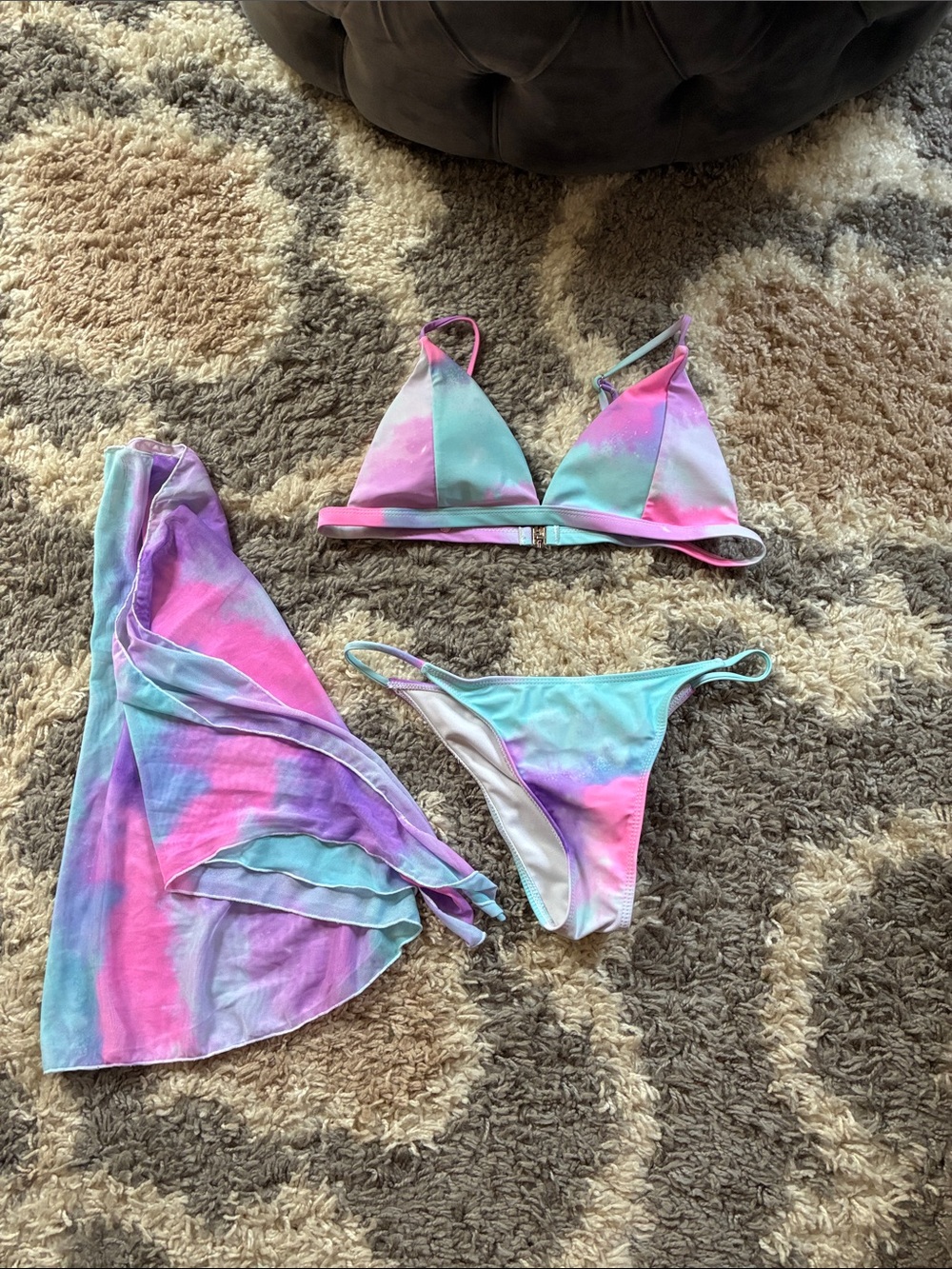 SHEIN Pastel Tie-Dye Triangle Bikini Set with Sarong - Pink, Blue, Purple